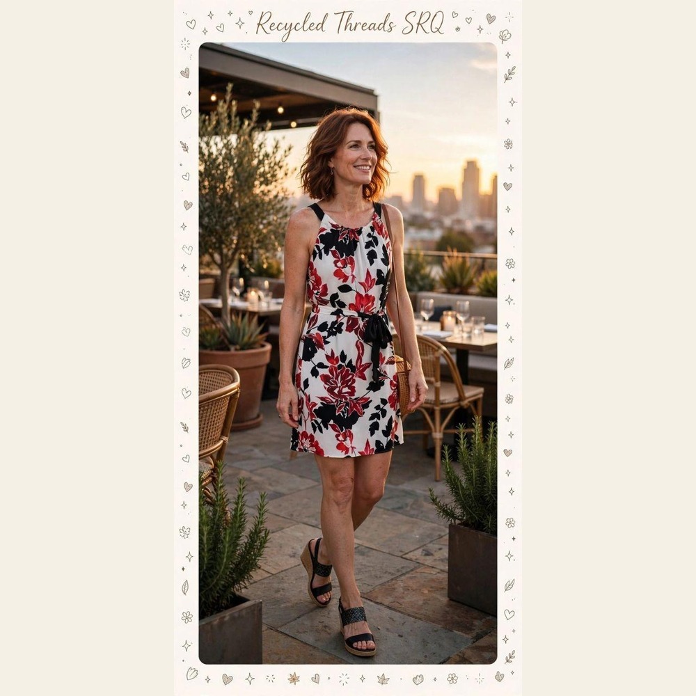 Chico's Red And Black Floral Back Tie Dress Size Small/Med
